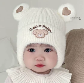 کلاه زمستانه نوزادی روگوشی طرح HELLO PUPPY