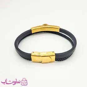 دستبند مردانه چرم و استیل مدل ورساچه برجسته