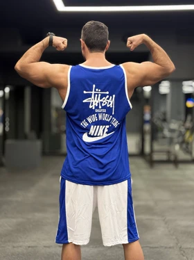 ست بسکتبالی نایک استاسی (Nike Air x Stussy) پارچه فلامنت آجری (8 رنگ) (آبی شالی)