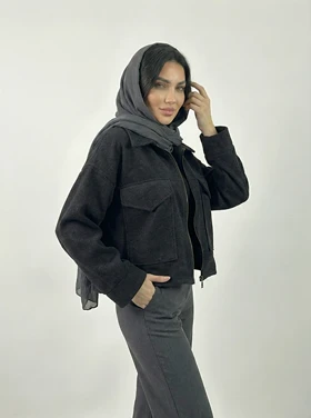 کت زنانه فوتر کوتاه رنگ مشکی دو جیب کد (8730)