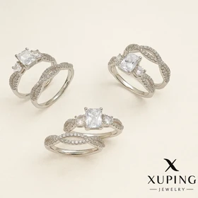 ست حلقه و پشت حلقه نقره‌ای زنانه با نگین مربعی Xuping