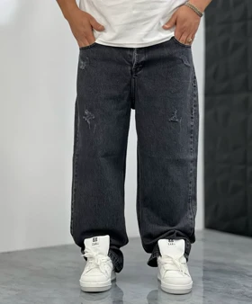 شلوار نیم بگ ذغالی مردانه پارچه جین کجراه پنبه