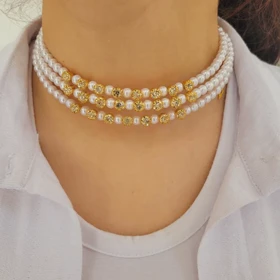 گردنبند چوکر (طوق) گردن مدل مروارید و نگین (بدون گوشواره)