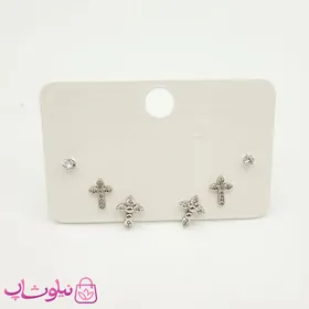 گوشواره میخی ژوپینگ سه سوراخ مدل صلیب نقره ای