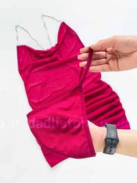 ست لباس خواب پیراهن و شورت حریر بند زنجیر زرشکی