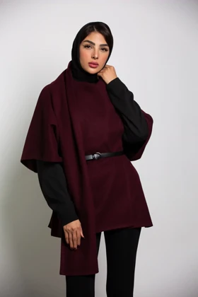 پالتو پانچ رویا با کمربند چرم (زرشکی)