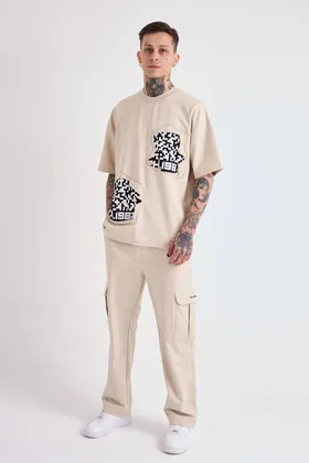 تیشرت مردانه Dama Patch Oversize Beige روشن M1966