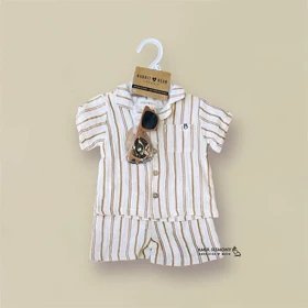 ست پیراهن و شلوارک نوزادی پسرانه راه راه