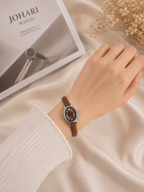 ساعت مچی زنانه بیضی چرمی کد W462 (قهوه ای)