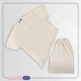 ست کراپ شرتک پنبه سوپر لاکرا گره‌ای رنگ کرمی راه راه