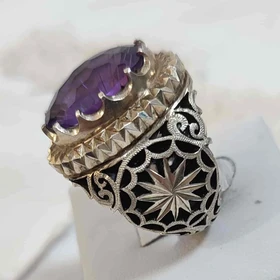 انگشتر نقره مردانه تمام دست ساز با سنگ آمیتیست کد 2