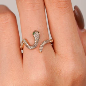 انگشتر ژوپینگ طرح مار فول نگین رنگ طلایی فری سایز