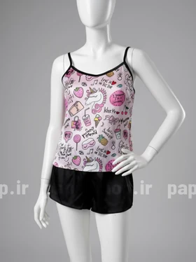 ست لباس خواب تاپ و شورتک ساتن طرح تک شاخ