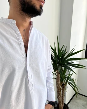 پیراهن یقه فرنچ پنج دکمه رنگ سفید