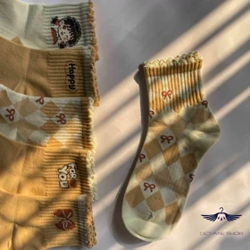 جوراب نیم ساق گلبهی طرح دخترو پاپیون وارداتی