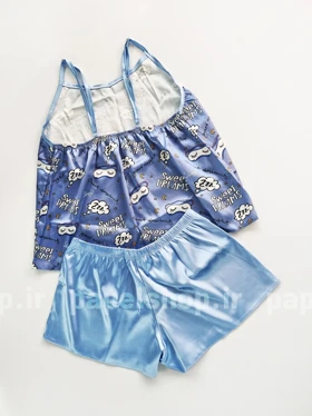 ست لباس خواب تاپ و شورتک ساتن طرح نوشته و ابر