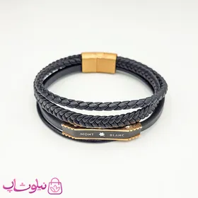 دستبند مردانه چرم استیل مون بلان مشکی رزگلد
