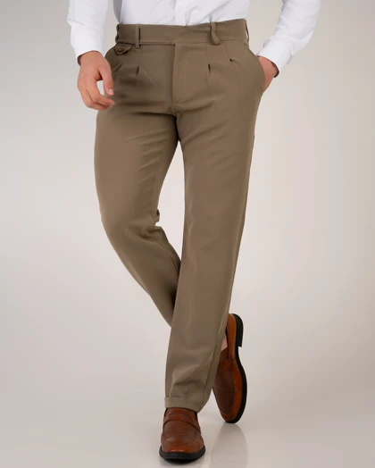 شلوار پارچه ای کمر انگلیسی پارچه مازراتی رنگ موکا بژ