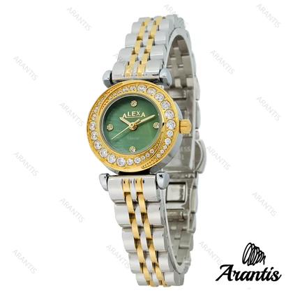 ساعت الکسا 2000z زنانه دو رنگ طلایی صفحه سبز دورنگین w-10103
