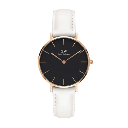 ساعت دنیل ولینگتون رزگلد بند چرم سفید صفحه مشکی مدیوم DW-4912-32-L
