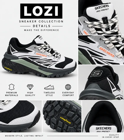 کتانی طبی اسکیچرز Max Protect مشکی طوسی سبز مدل 9720 استایل Outdoor