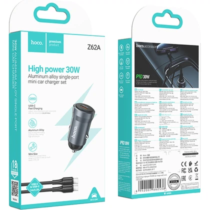 شارژر فندکی هوکو Hoco مدل Z62A توان 30 وات با کابل دوسر تایپ سی