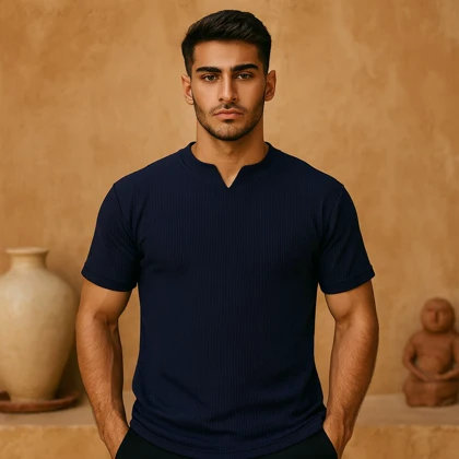 تیشرت آستین کوتاه یقه کوبایی سرمه ای مدل Asam