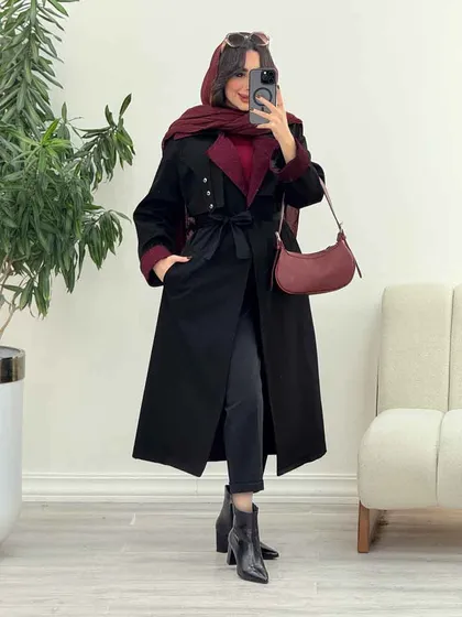 بارانی بلند یقه ترکیبی