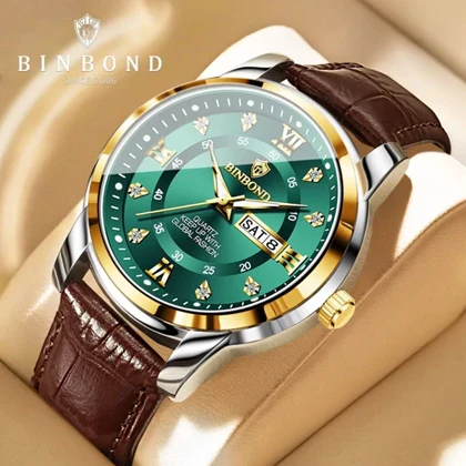 ساعت مچی مردانه بین باند BINBOND اورجینال دوتقویم بند چرم ضداب دارای رنگ بندی شیک