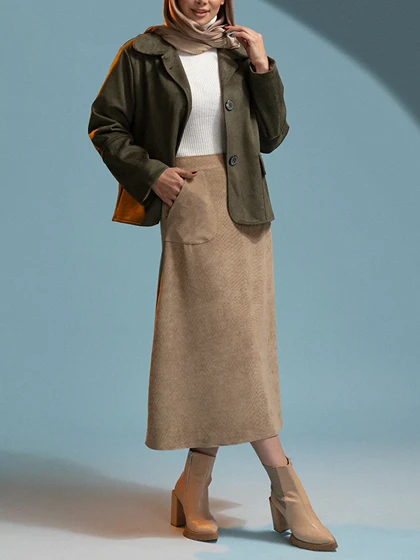 دامن زنانه مخمل کله قندی میدی جیب‌دار 20108