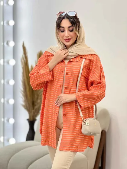 مانتو راه راه دو جیب پاکتی پایین هلال