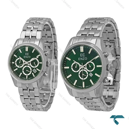 ست ساعت انزو EC-3122 سه موتوره کورنوگراف سیلور صفحه سبز Enzo-8789-S