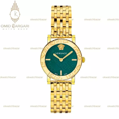 ساعت مچی ورساچه دورحکاکی بند طلایی صفحه سبز Versace