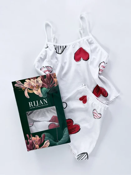 ست لباس خواب تاپ و شورتک کبریتی طرح قلب قرمز ریجان Rijan