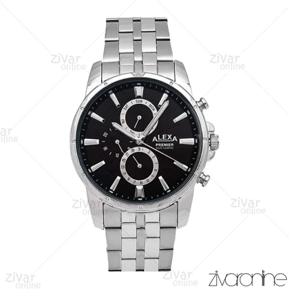 ساعت الکسا پریمیر A0103 مردانه سه موتوره سیلور صفحه مشکی 106152