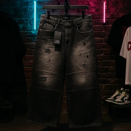 شلوار جین فول بگ تینک گازوییلی با افکت دیسترس و واریاسیون خاکستریمشکی کد 41273