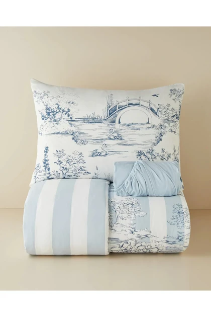 سرویس روتختی یک نفره English Home مدل Striped Jouy پنبه‌ای - آبی