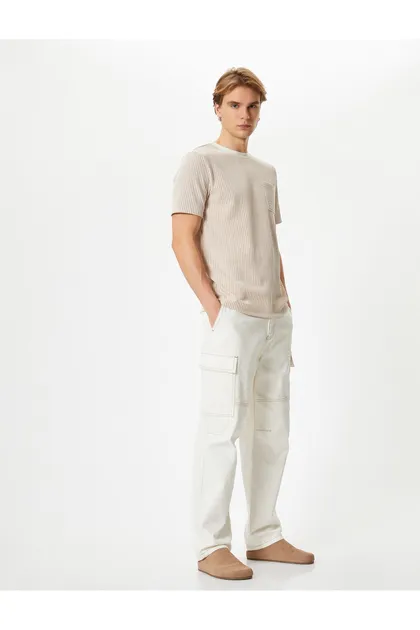 تیشرت آستین کوتاه جیبی با یقه خدمه با بافت 4SAM10280HK