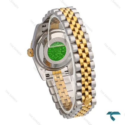 ساعت رولکس زنانه دورنگ طلایی صفحه سبز مشکی ایندکس نگین مدیوم Rolex-7981-L