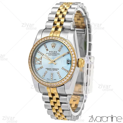 ساعت رولکس دیت جاست زنانه صفحه آبی دور نگین 106539