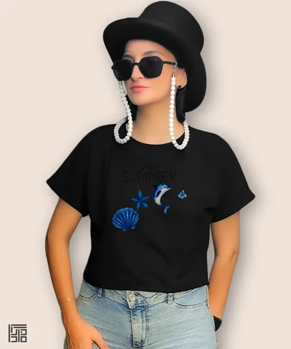 کراپ زنانه طرح صدف و دلفین تابستانی