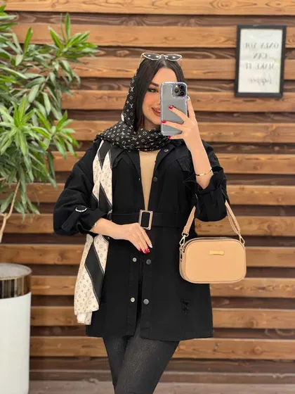 مانتو کتان آستین سگک کمردار