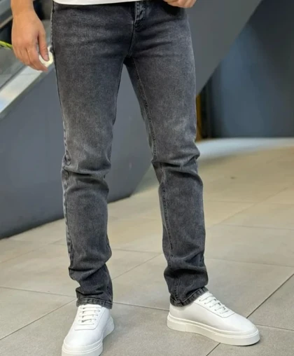 شلوار راسته ذغالی مردانه پارچه پنبه جین کش اعلا قد 110 سانت