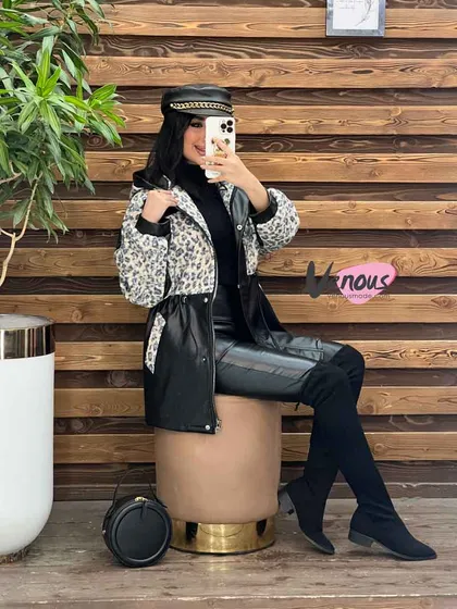 پالتو چرم ترکیبی پلنگی