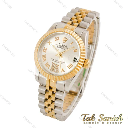 ساعت رولکس زنانه دورنگ طلایی صفحه نقره ای اعداد یونانی Rolex-4482-G