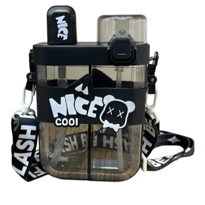 قمقمه دو مخزن کودکانه و فانتزی طرح Nice Cool | ظرفیت 0.65 لیتر با بند دوشی و نی دوگانه