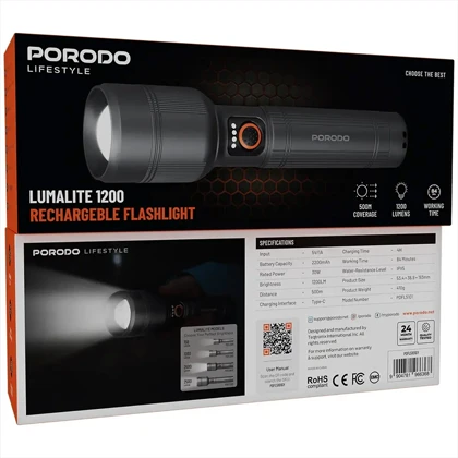 چراغ قوه دستی پورودو Porodo مدل PDFL5101GY روشنایی 1200 لومن
