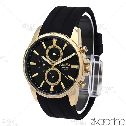 ساعت الکسا پریمیر A0102 مردانه سه موتوره قاب طلایی بند رابر مشکی 106210