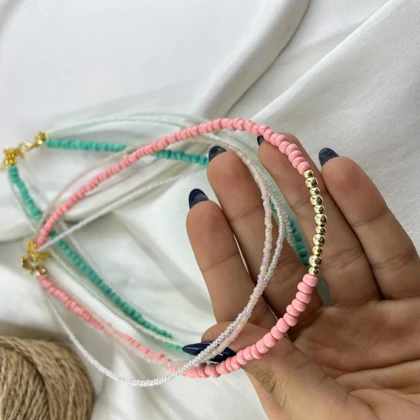 گردنبند زنانه مهره ای سه لاین مدل مرجان طرح تابستانی رنگی