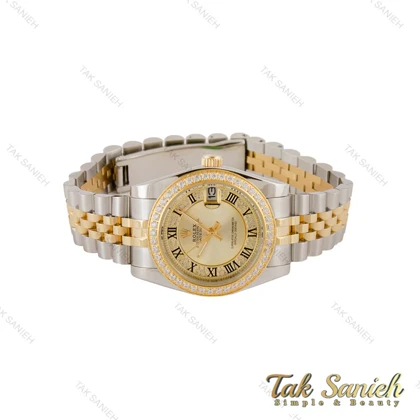 ساعت رولکس زنانه دورنگین صفحه طلایی ایندکس رومی مدیوم Rolex-5120-M-L
